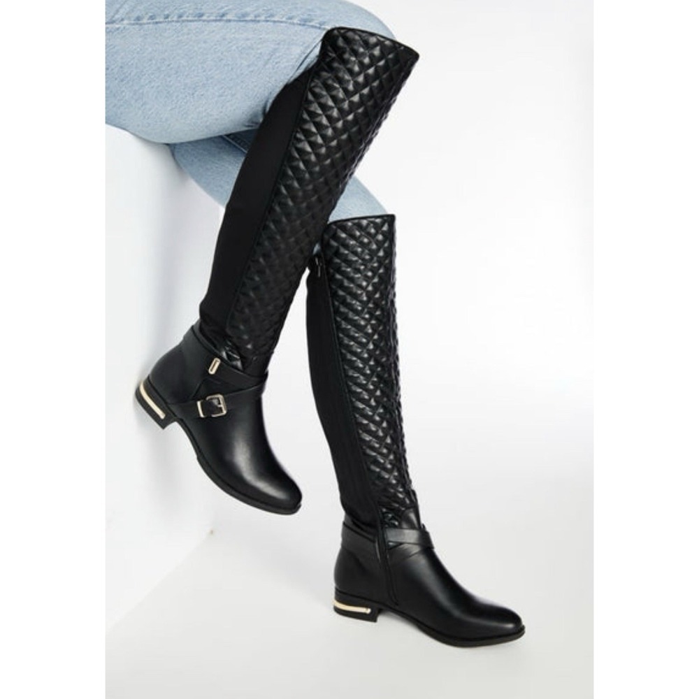 Annabeth by JUSTFAB (SHOEDAZZLE) Black quilted faux leather riding boots, SZ 7 - Picture 2 of 16